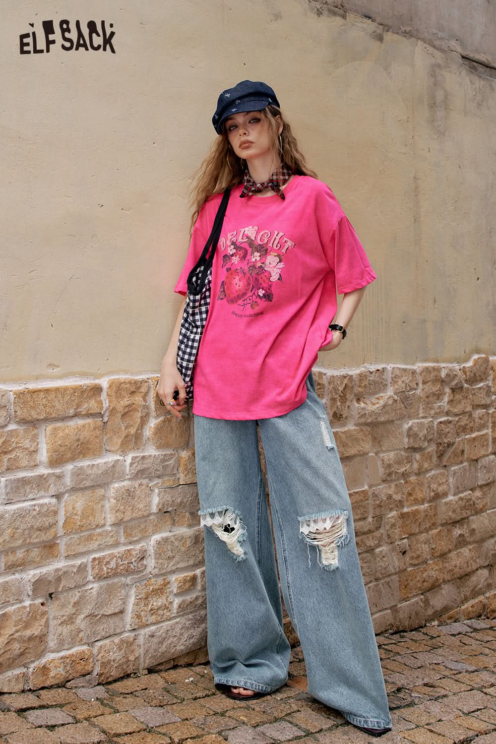 ELFSACK Retro Strawberry Print Casual Short Sleeve T-Shirt