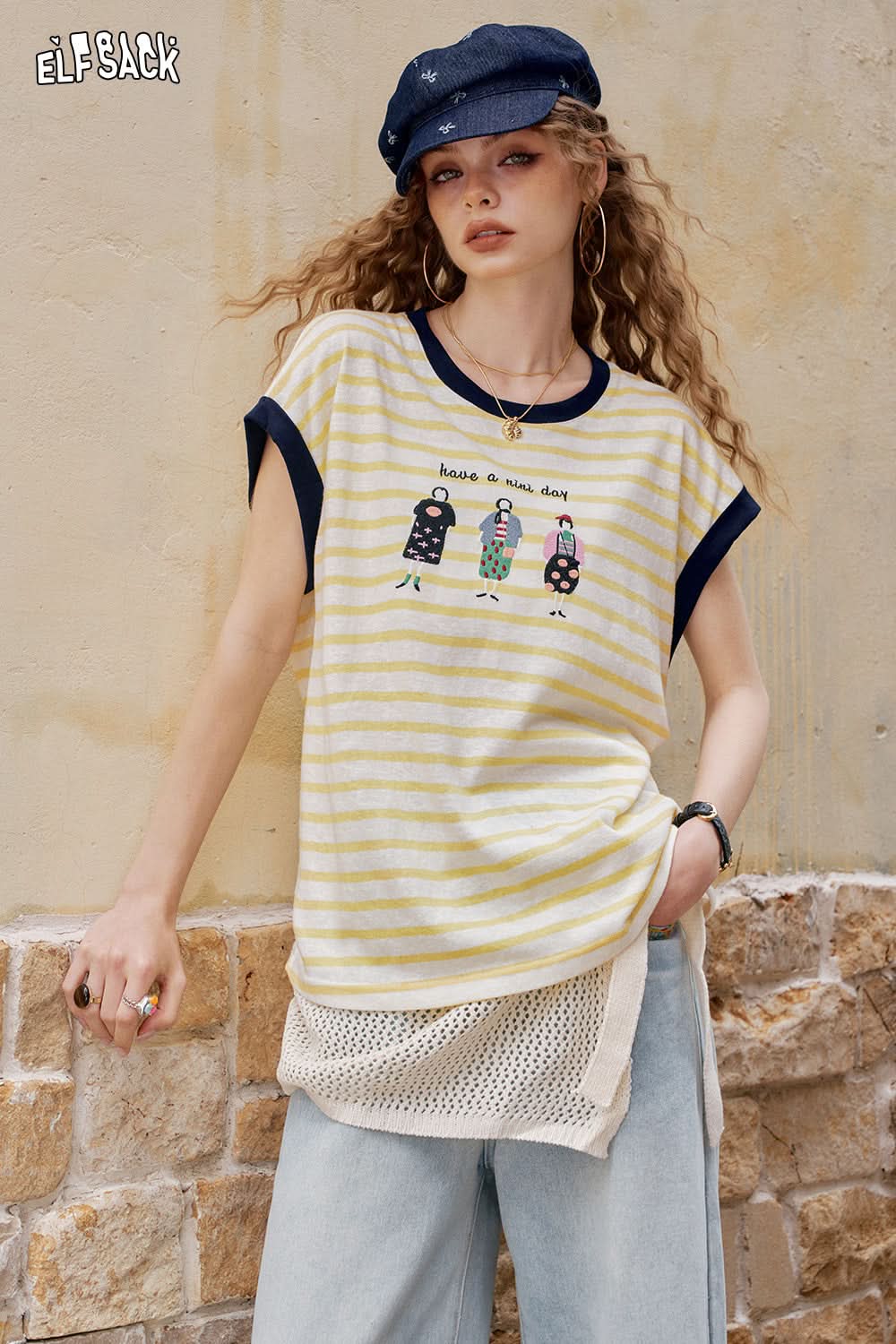 ELFSACK Retro Striped Casual Short Sleeve T-Shirt
