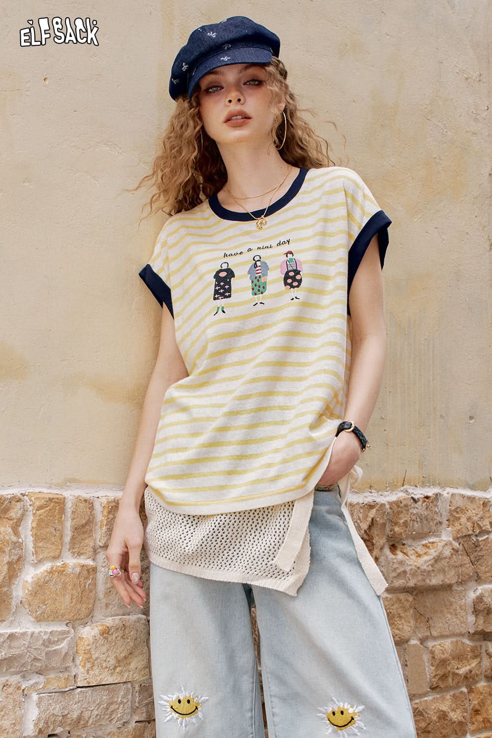 ELFSACK Retro Striped Casual Short Sleeve T-Shirt