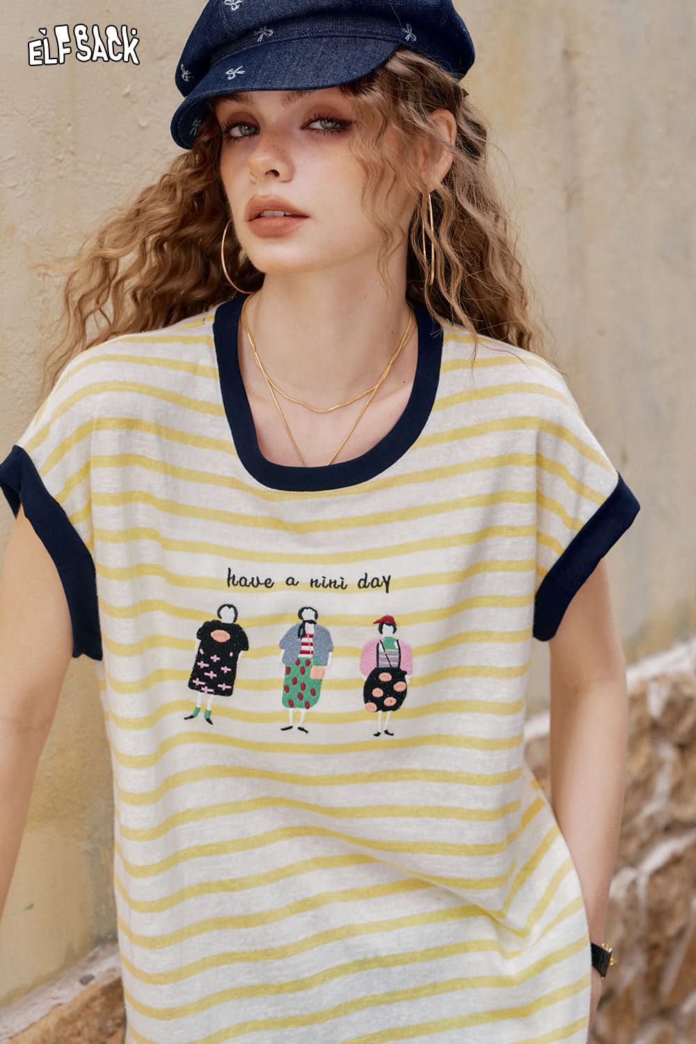 ELFSACK Retro Striped Casual Short Sleeve T-Shirt