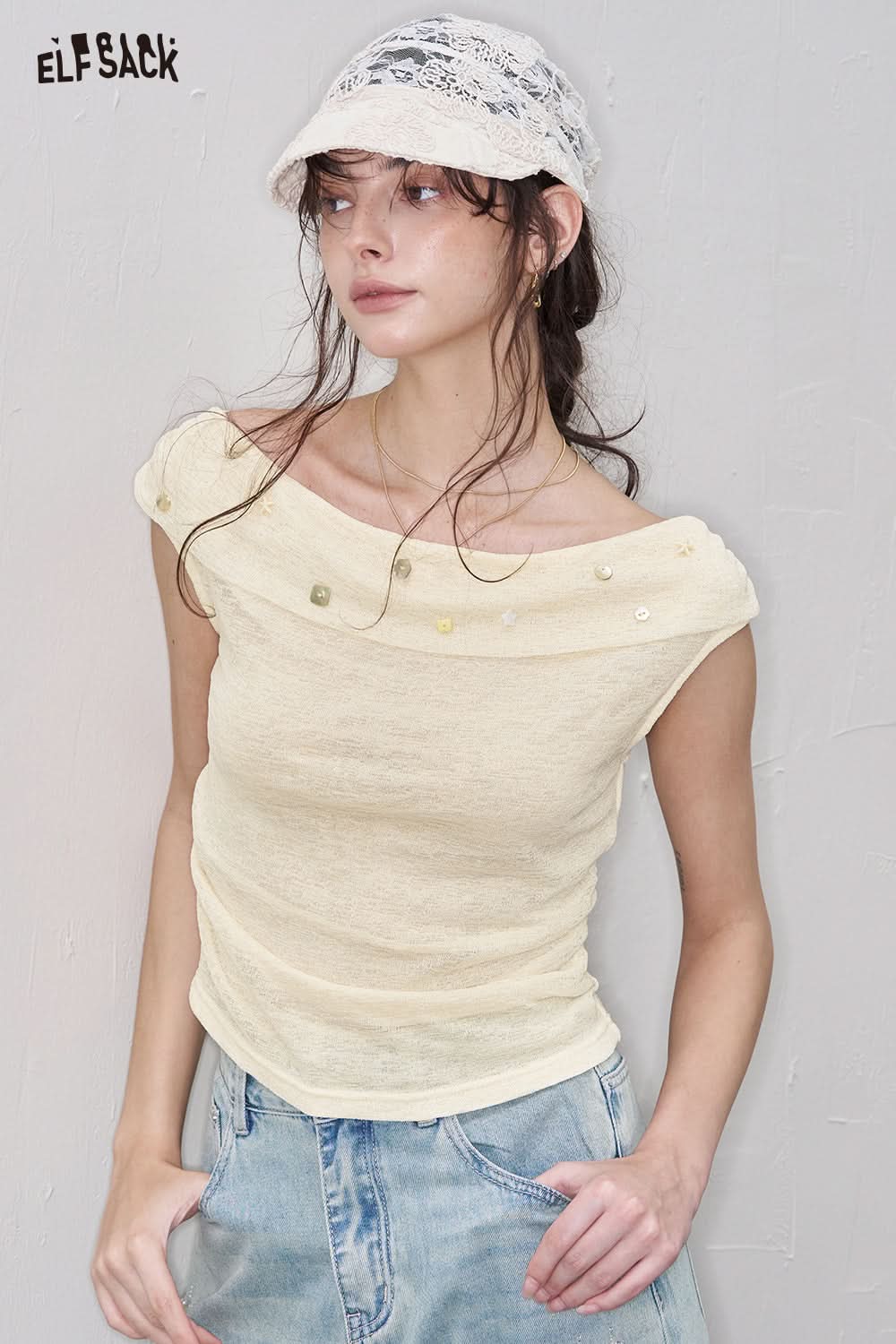 ELFSACK Ruched Cowl Neck Short Sleeve T Shirt
