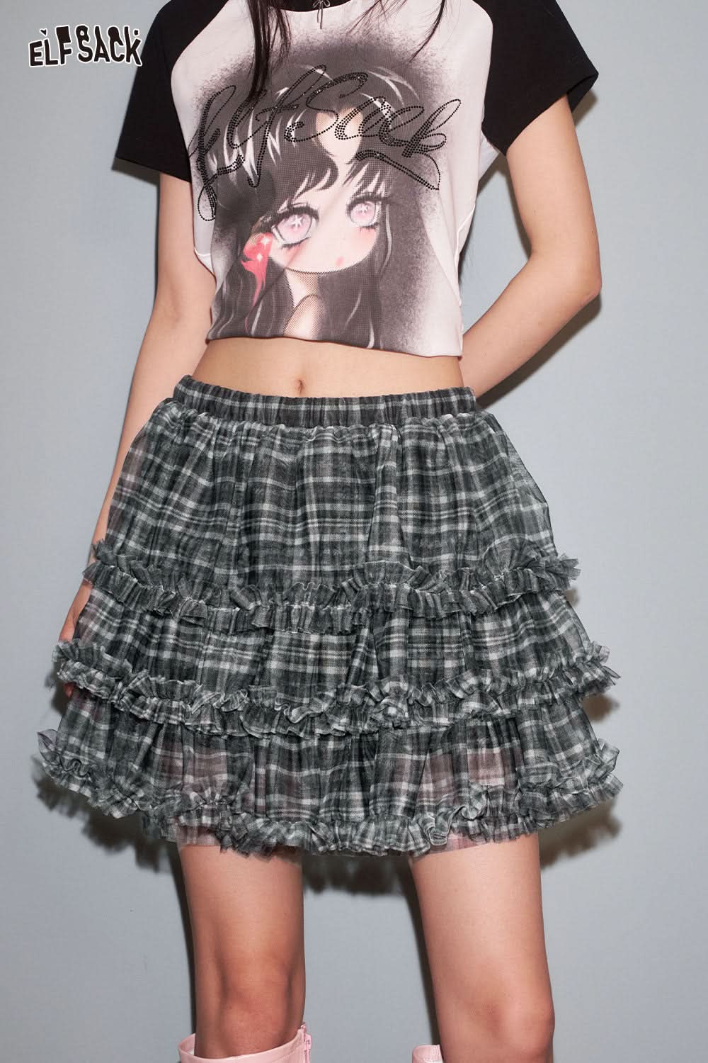 ELFSACK Ruffle Mesh Plaid Bustier Short Skirt