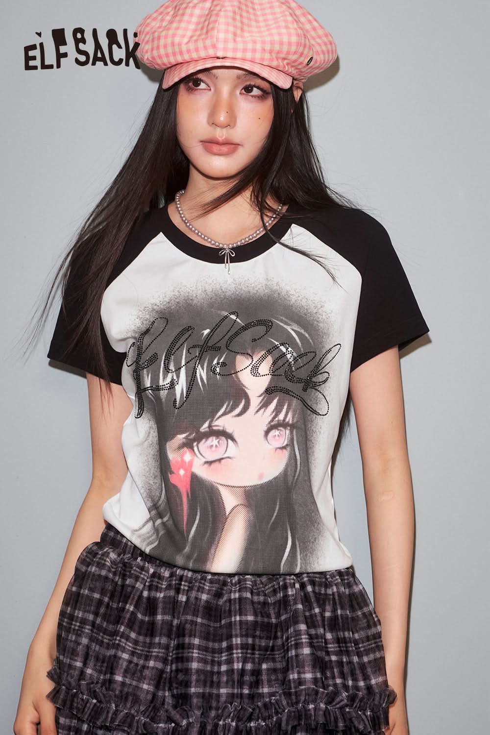 ELFSACK Shoulder Collision Color Printing Short Sleeved T Shirt