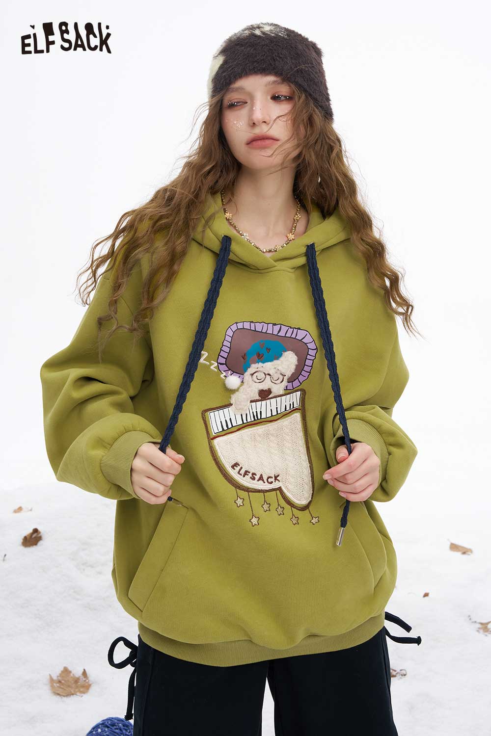 ELFSACK sleeping dog graphic hoodie in olive green with playful dog design and adjustable drawstrings