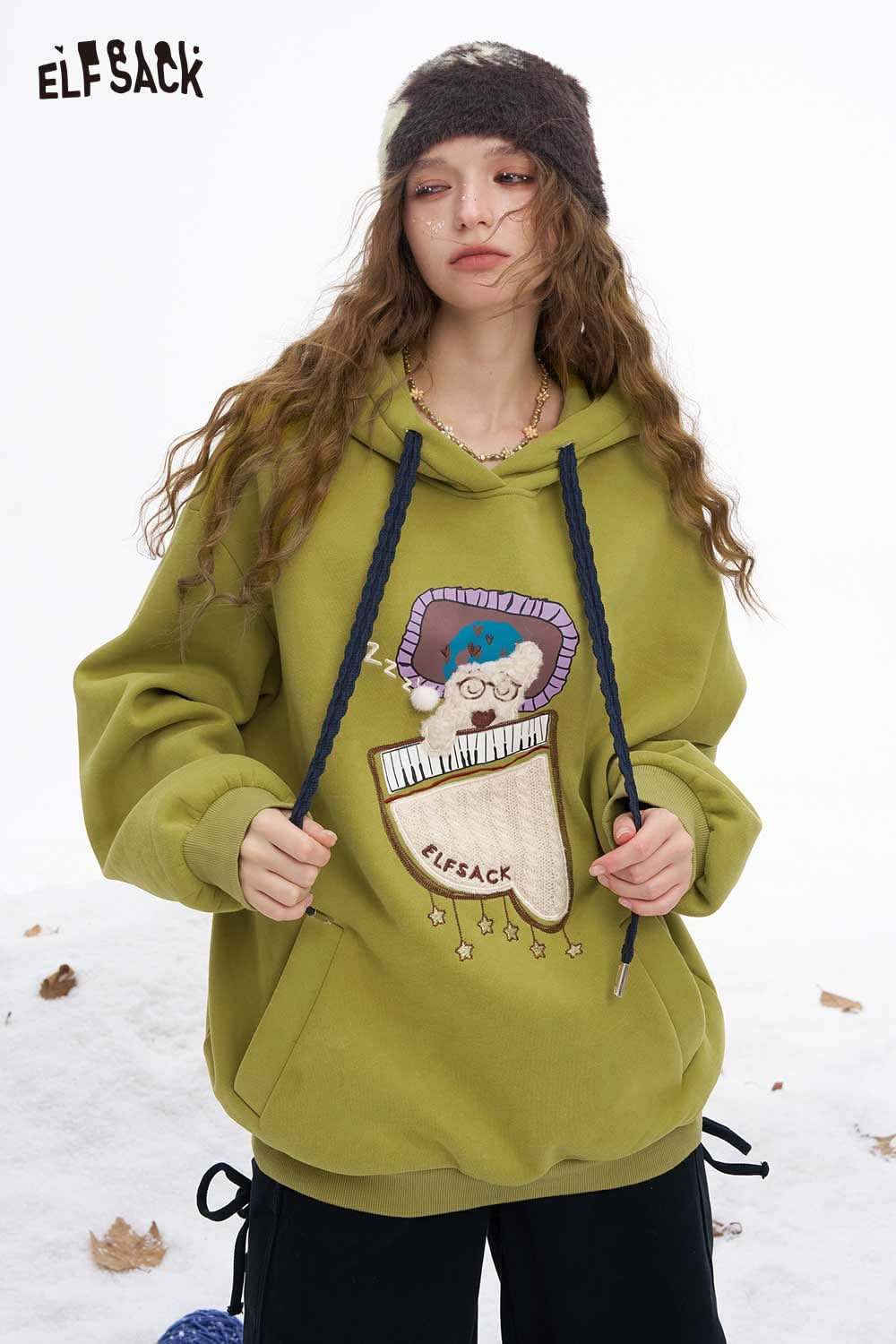 ELFSACK sleeping dog graphic hoodie in olive green with playful dog design and adjustable drawstrings