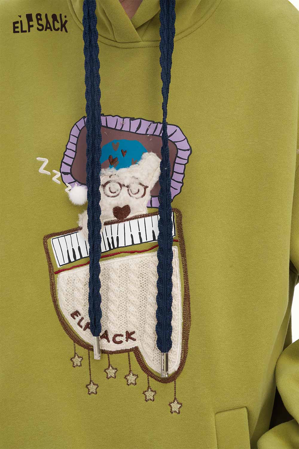 ELFSACK sleeping dog graphic hoodie in olive green with a cute dog sleeping on a keyboard design