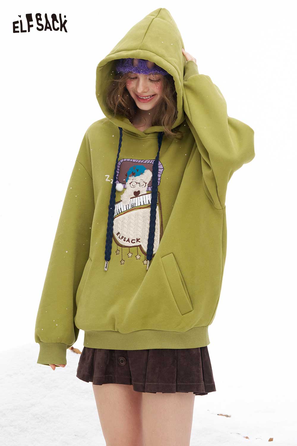 ELFSACK sleeping dog graphic hoodie in olive green with cozy design and front pocket