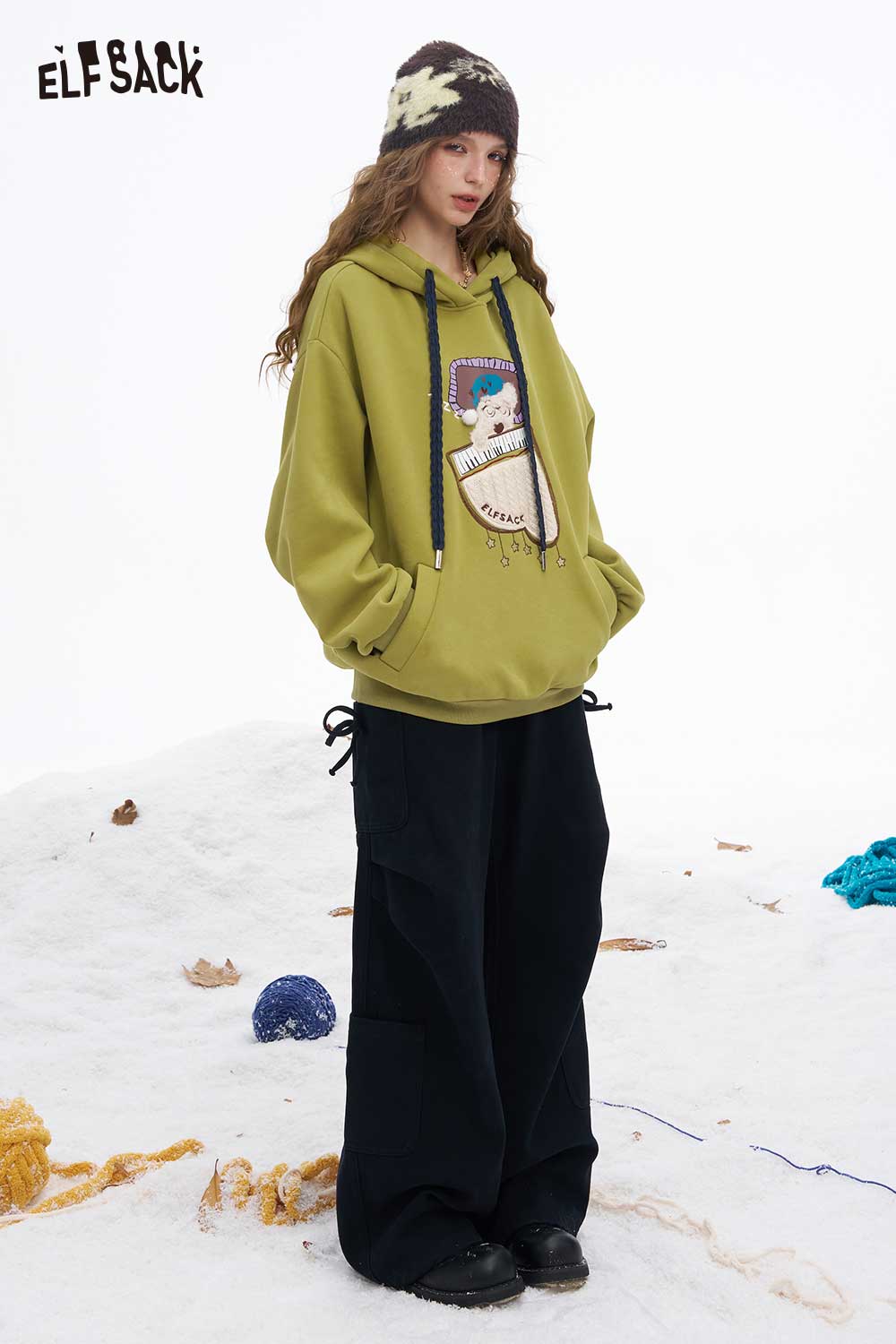 ELFSACK sleeping dog graphic hoodie in olive green with a cozy design for casual wear