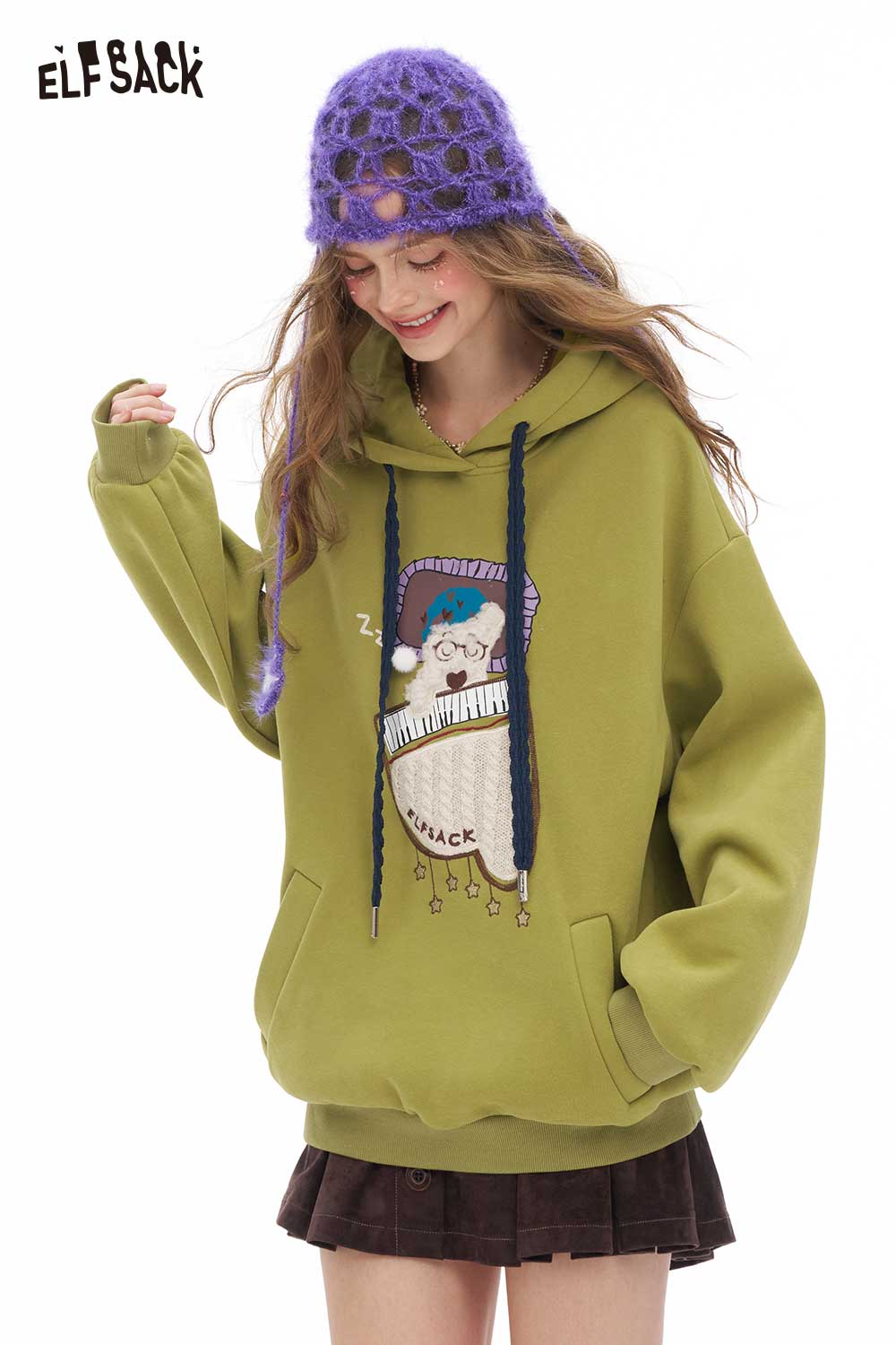 ELFSACK sleeping dog graphic hoodie in olive green with playful design and comfortable fit