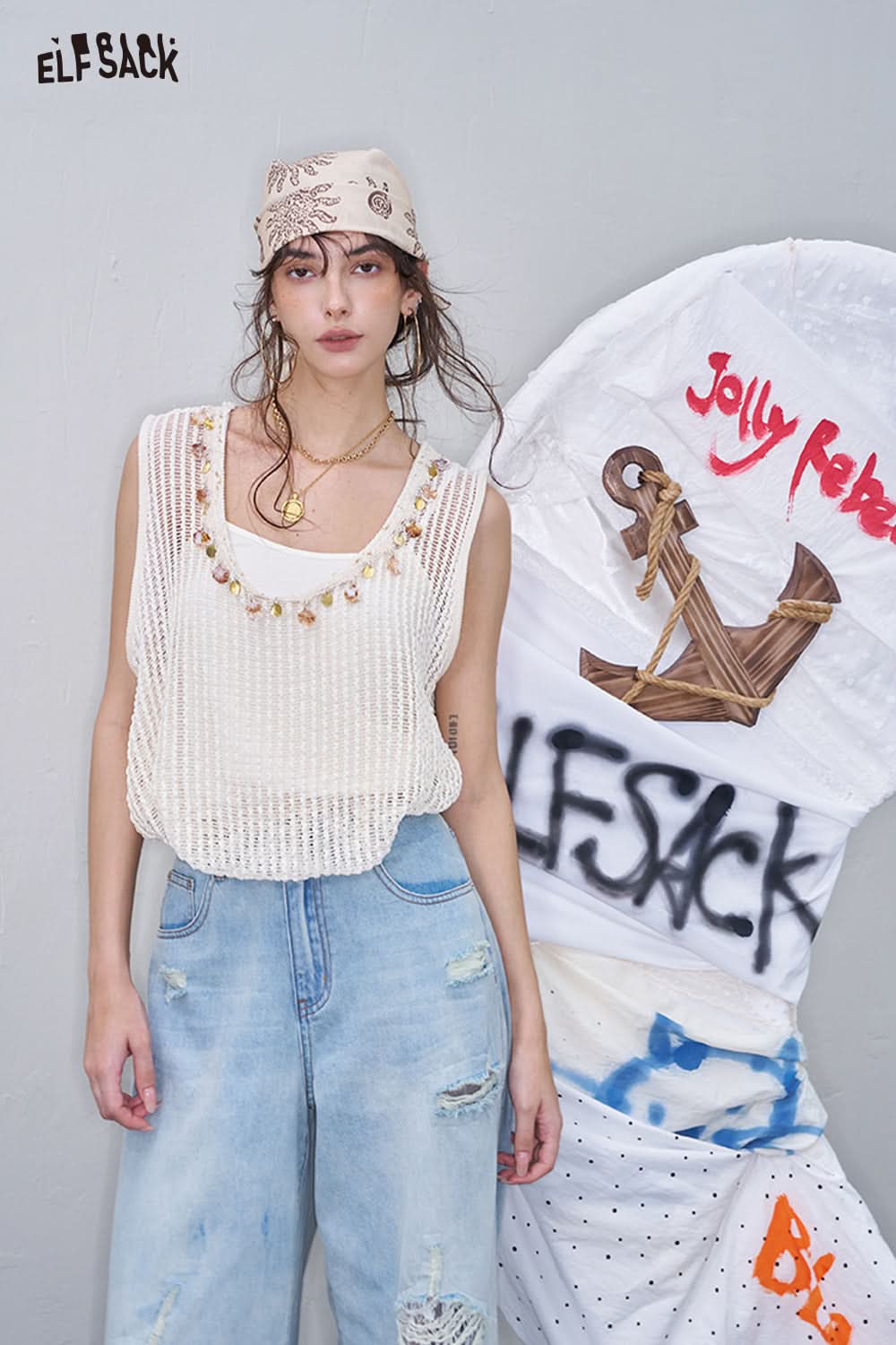 ELFSACK Sleeveless Shell Detail Knit Top