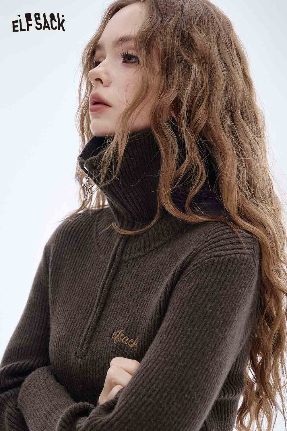 ELFSACK Slim Fit Embroidered Long Dress in Brown with a High Neck Design for Elegant Style