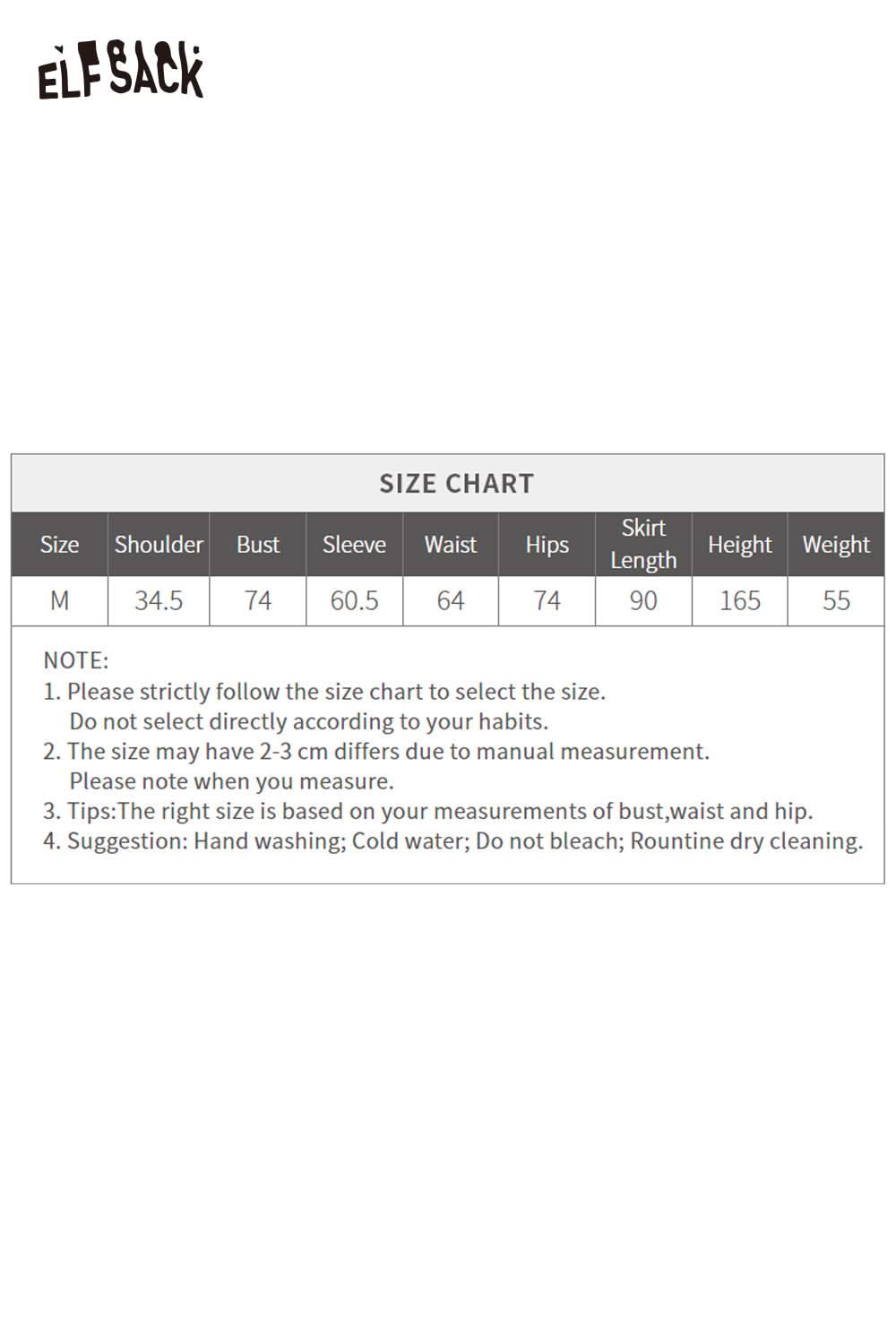 Size chart for ELFSACK slim fit embroidered long dress with measurements for bust, waist, and hip