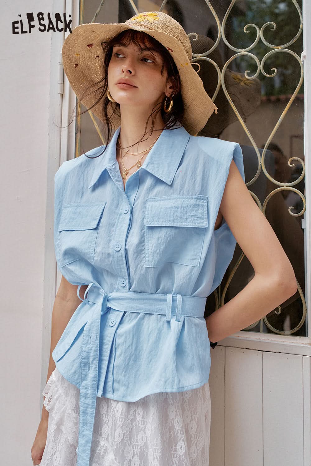ELFSACK Solid Color Belt Chic Versatile Shirt