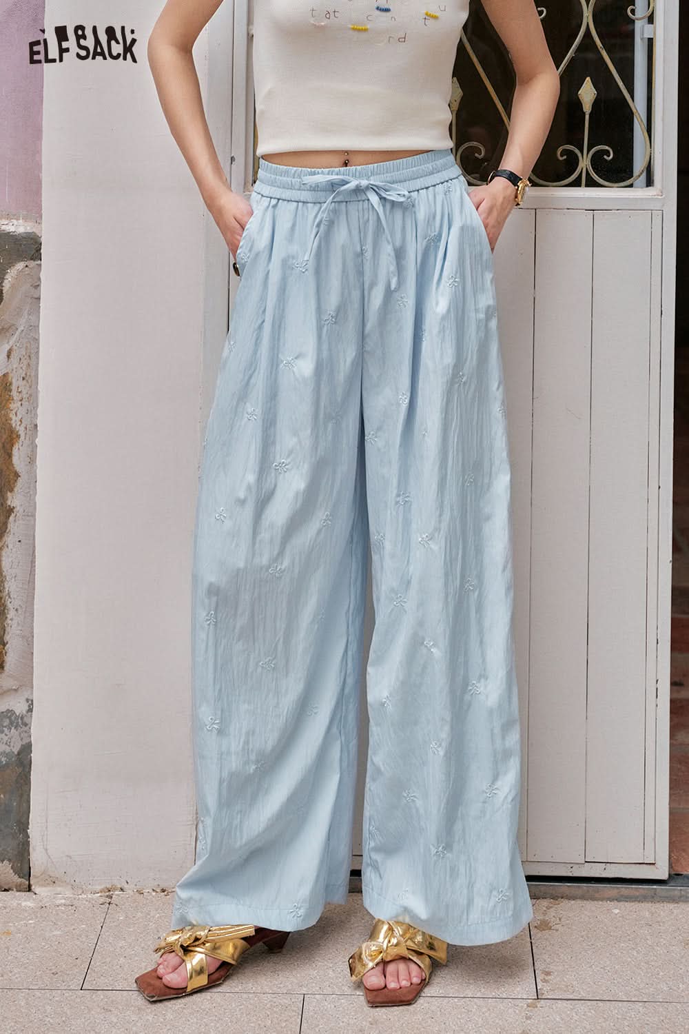 ELFSACK Solid Color Bow Embroidery High Waisted Casual Wide Leg Pants