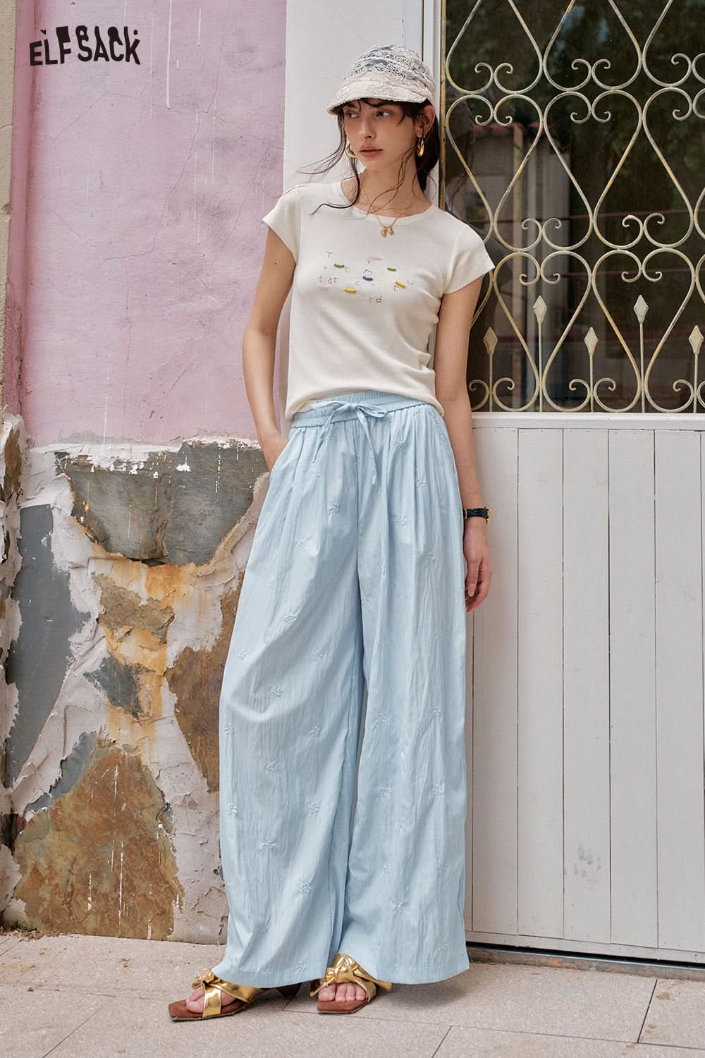 ELFSACK Solid Color Bow Embroidery High Waisted Casual Wide Leg Pants