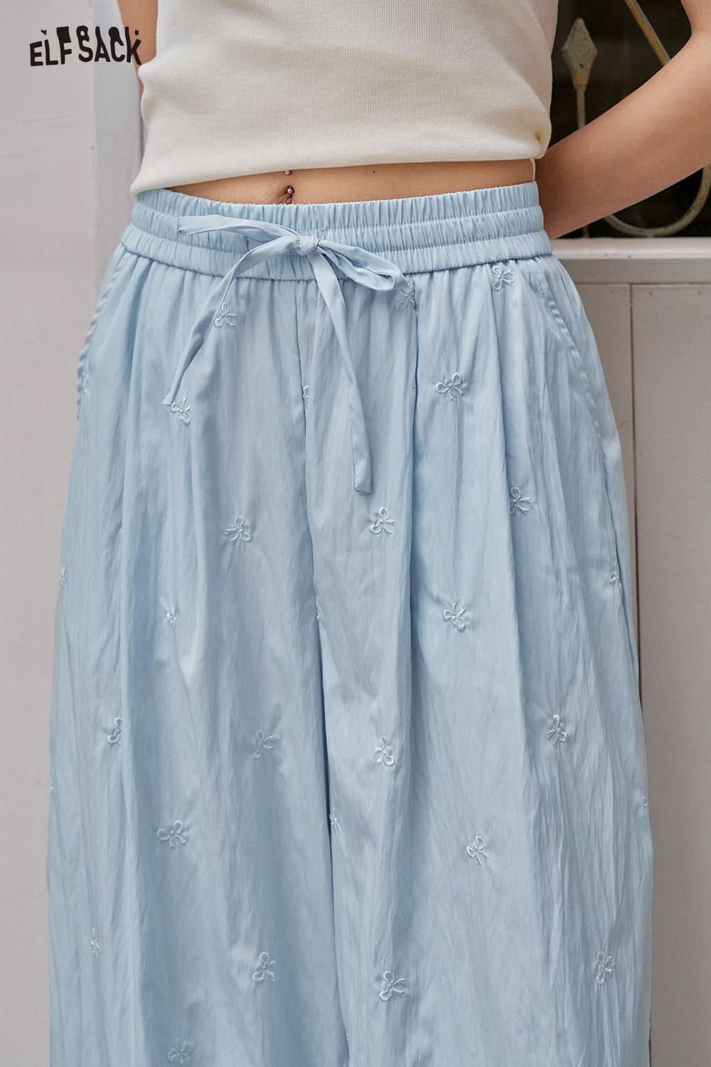 ELFSACK Solid Color Bow Embroidery High Waisted Casual Wide Leg Pants