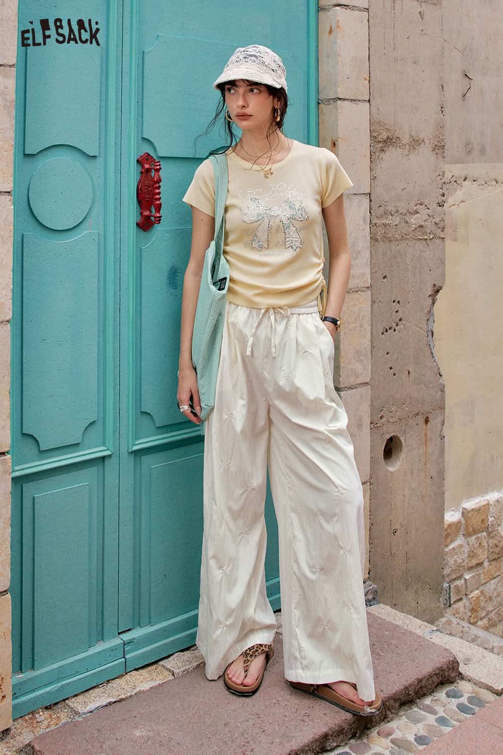 ELFSACK Solid Color Bow Embroidery High Waisted Casual Wide Leg Pants