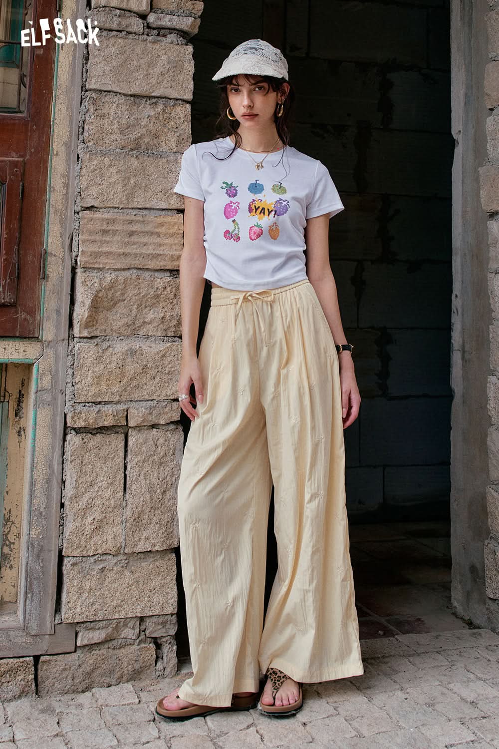 ELFSACK Solid Color Bow Embroidery High Waisted Casual Wide Leg Pants