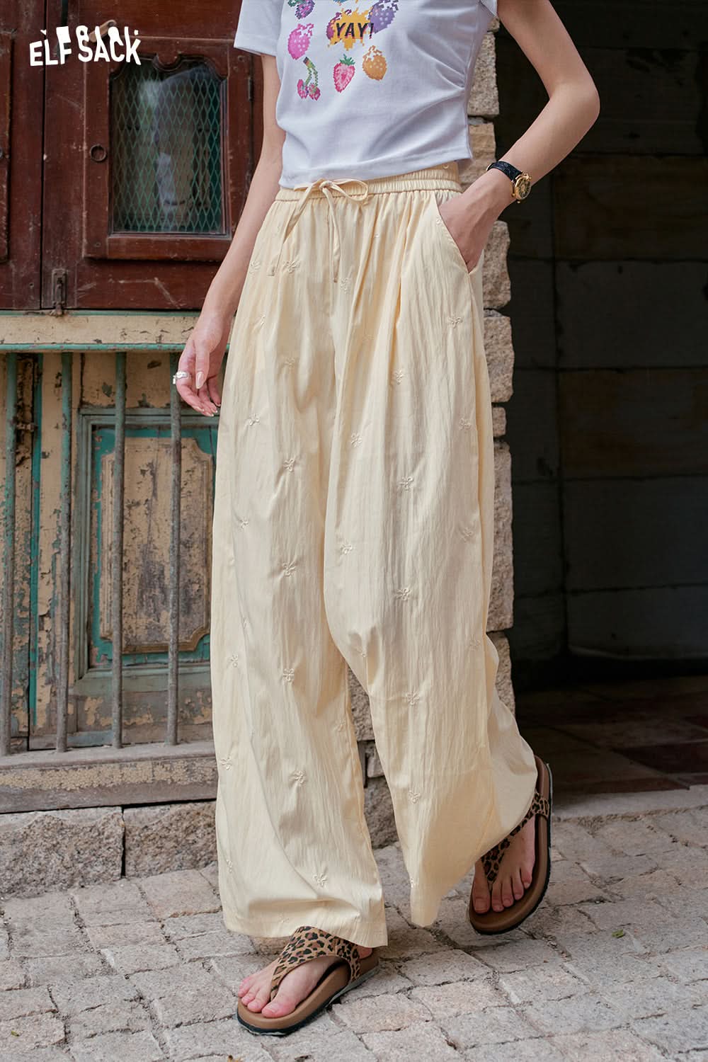 ELFSACK Solid Color Bow Embroidery High Waisted Casual Wide Leg Pants