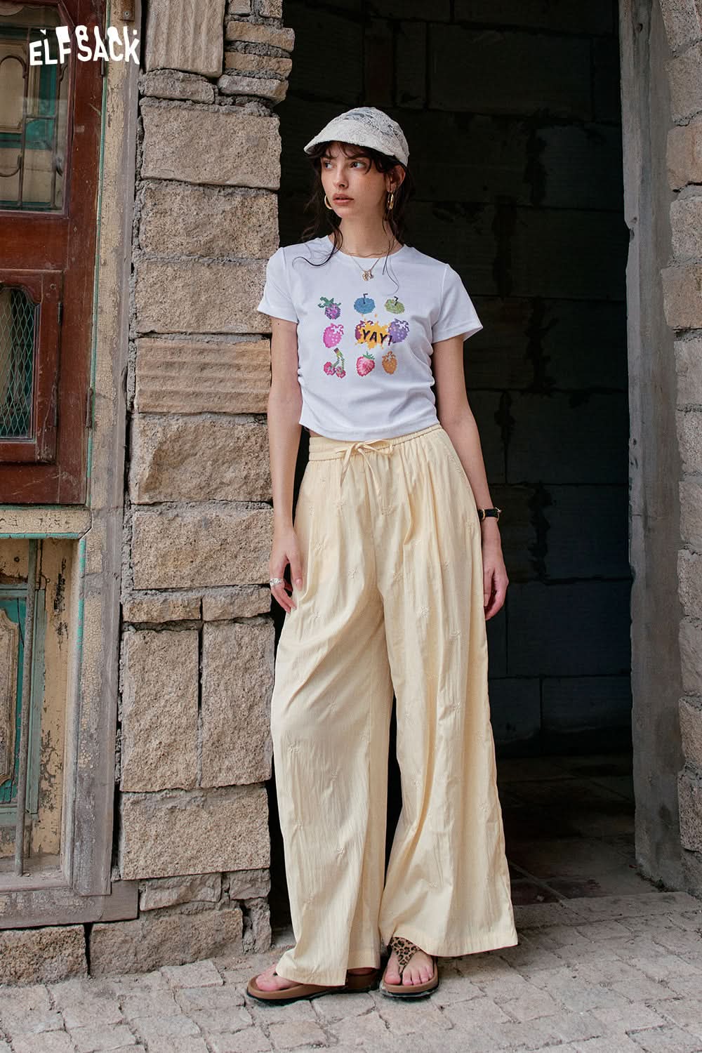 ELFSACK Solid Color Bow Embroidery High Waisted Casual Wide Leg Pants