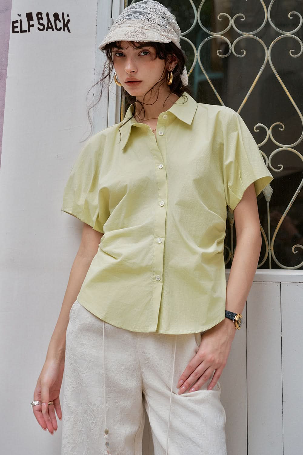 ELFSACK Solid Color Casual Short Sleeve Shirt