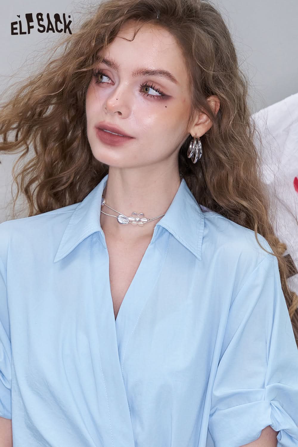 ELFSACK Solid Color Irregular Polo Collar Chic Dress