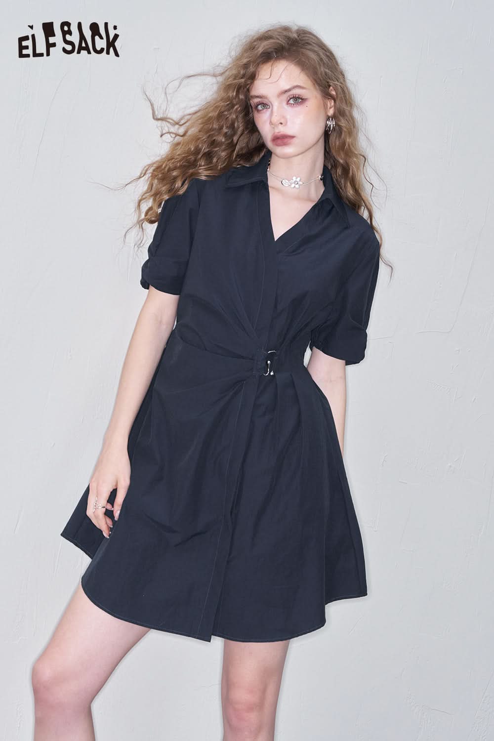 ELFSACK Solid Color Irregular Polo Collar Chic Dress