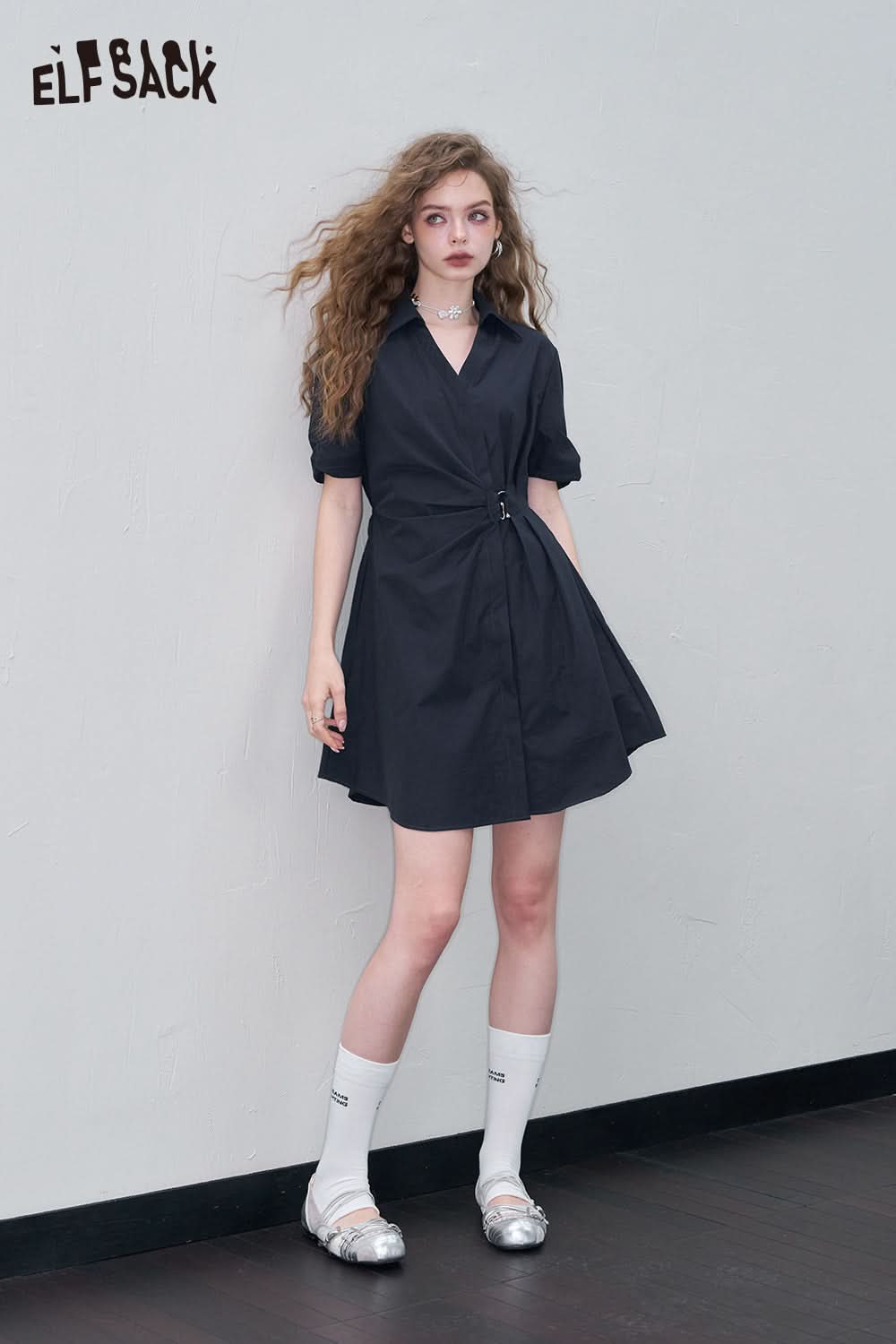 ELFSACK Solid Color Irregular Polo Collar Chic Dress