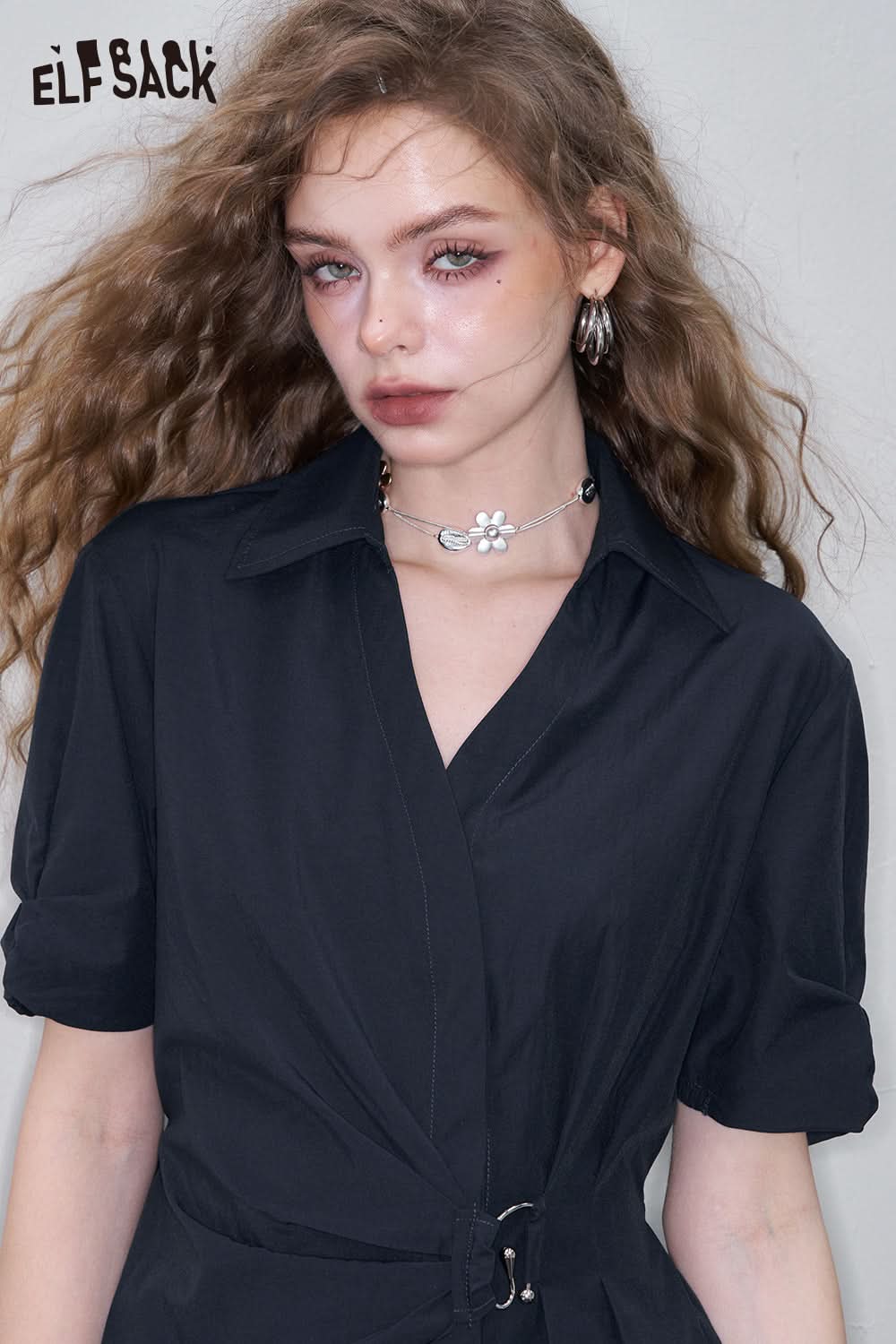 ELFSACK Solid Color Irregular Polo Collar Chic Dress