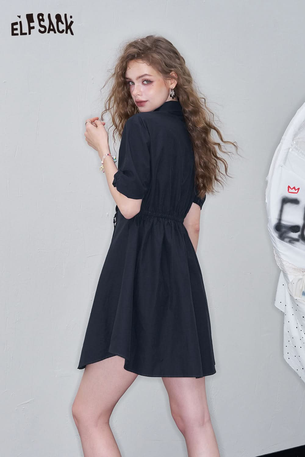 ELFSACK Solid Color Irregular Polo Collar Chic Dress