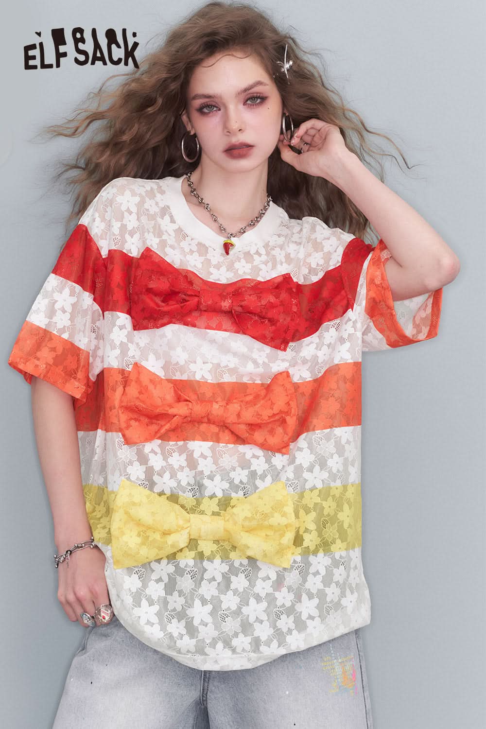 ELFSACK Striped Color Clash Bow T Shirt