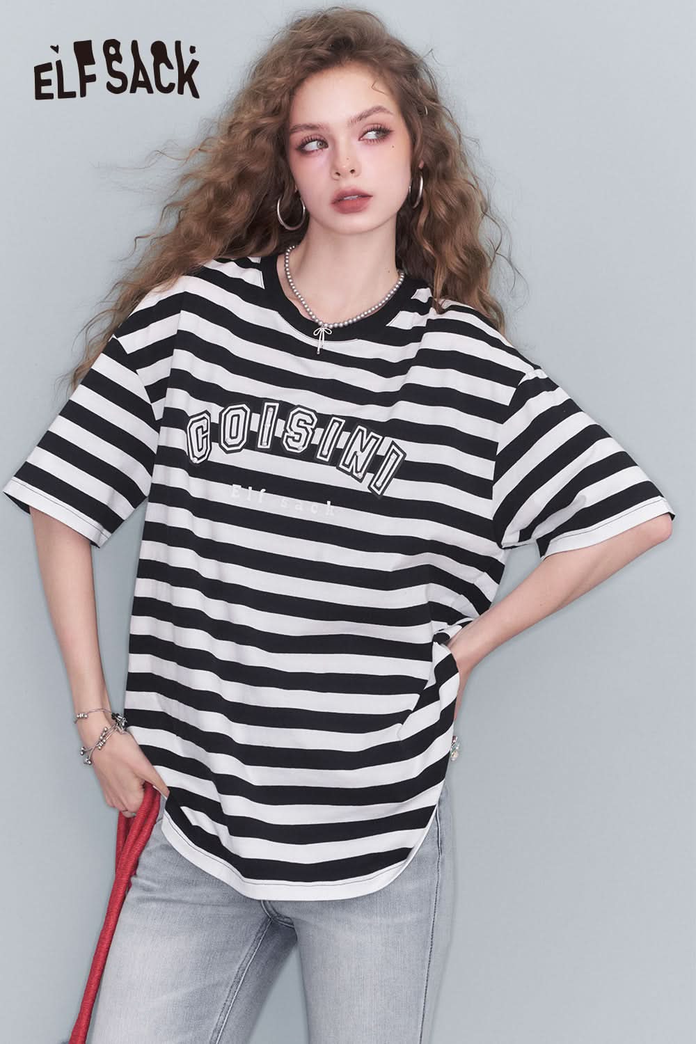 ELFSACK Striped Letter Printed T Shirt