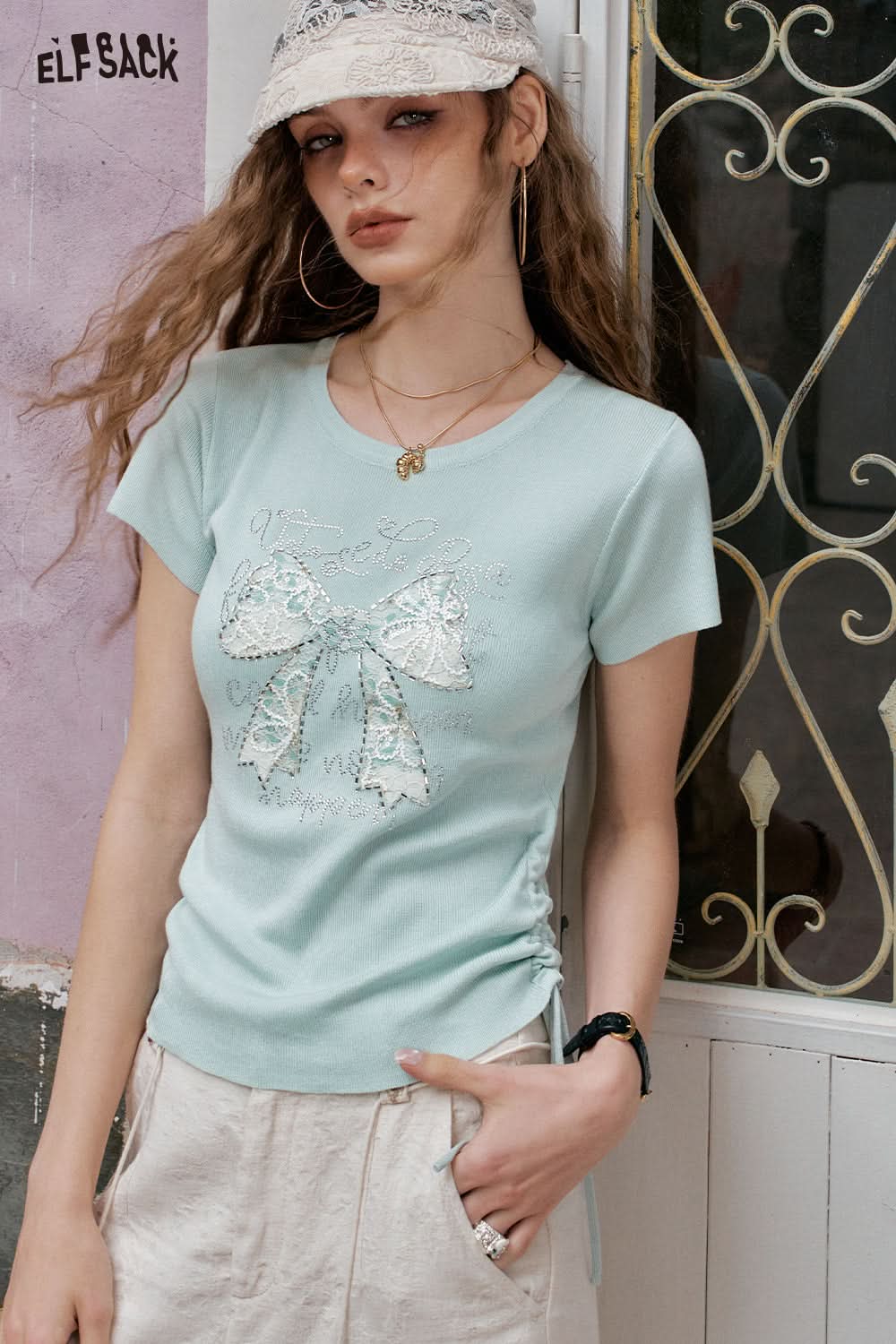 ELFSACK Sweet And Chic Bow Tie Short Sleeve Knitted T-Shirt