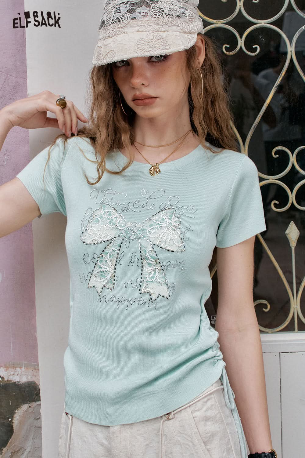 ELFSACK Sweet And Chic Bow Tie Short Sleeve Knitted T-Shirt