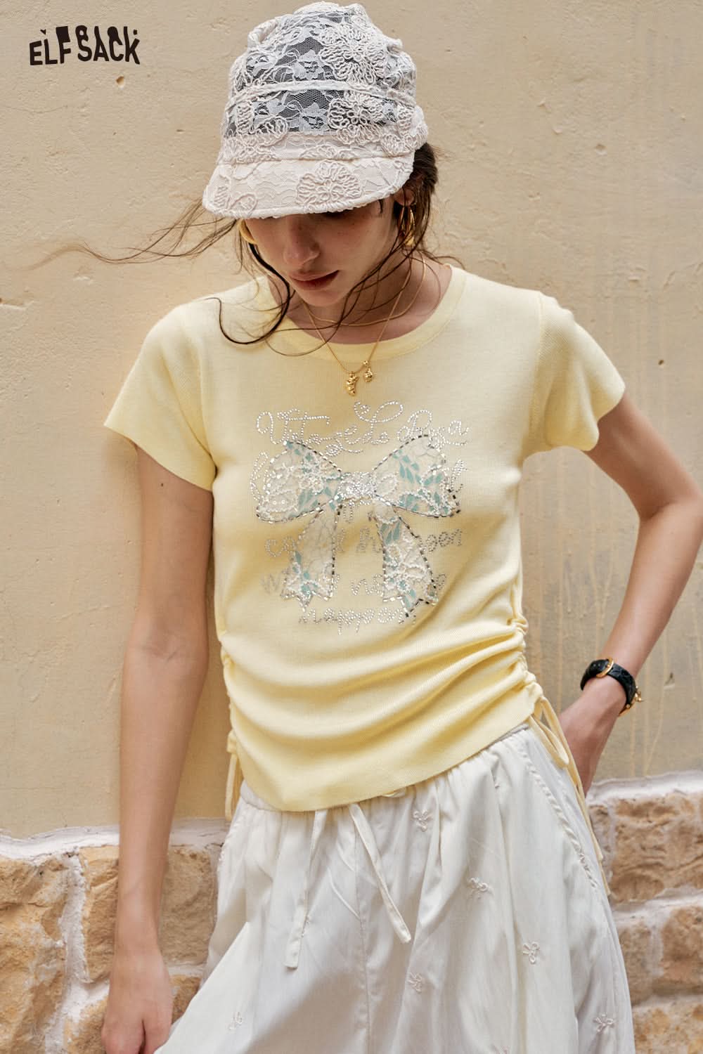 ELFSACK Sweet And Chic Bow Tie Short Sleeve Knitted T-Shirt