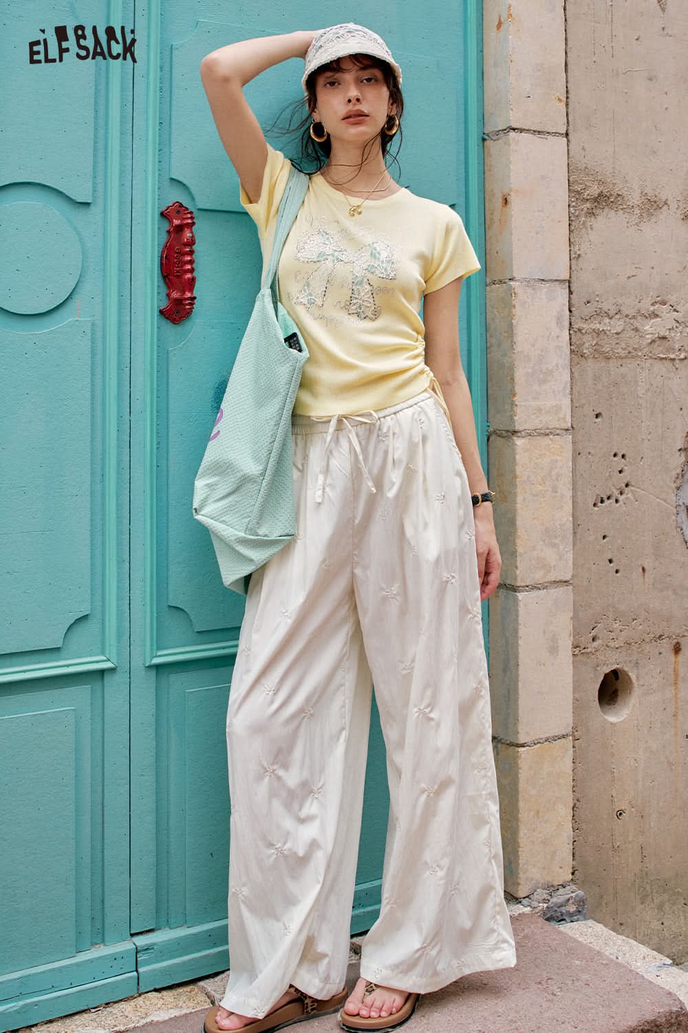 ELFSACK Sweet And Chic Bow Tie Short Sleeve Knitted T-Shirt