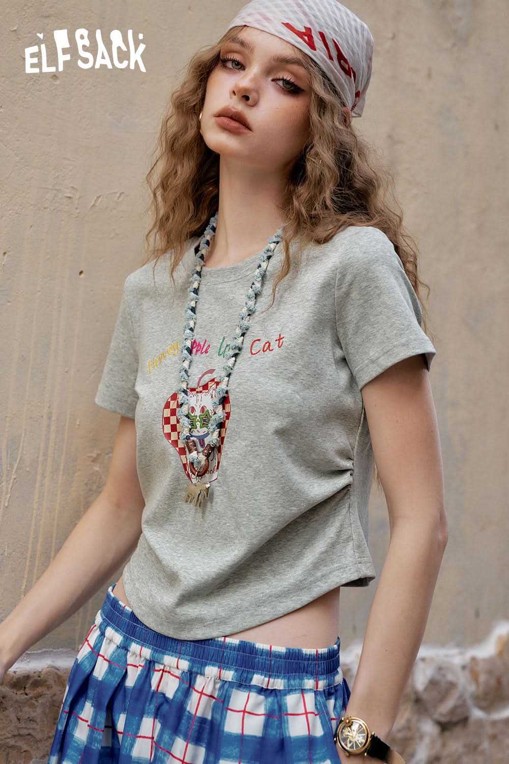 ELFSACK White Fruit Print Pleated Short Sleeve Chic T-Shirt