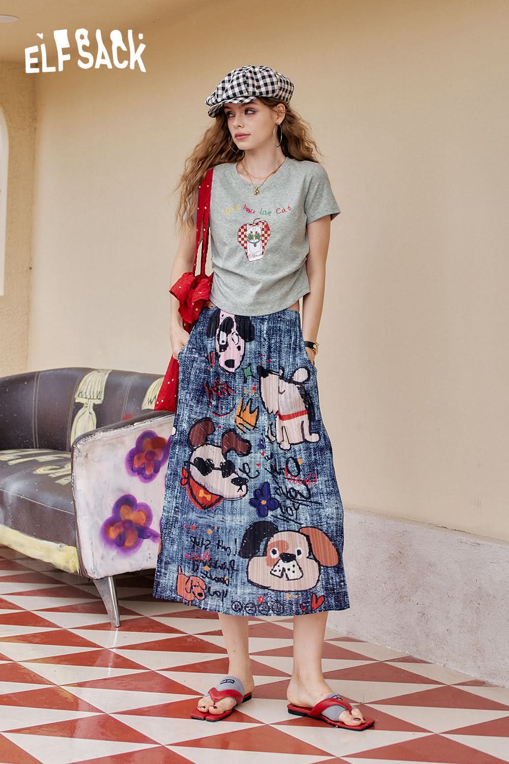 ELFSACK White Fruit Print Pleated Short Sleeve Chic T-Shirt