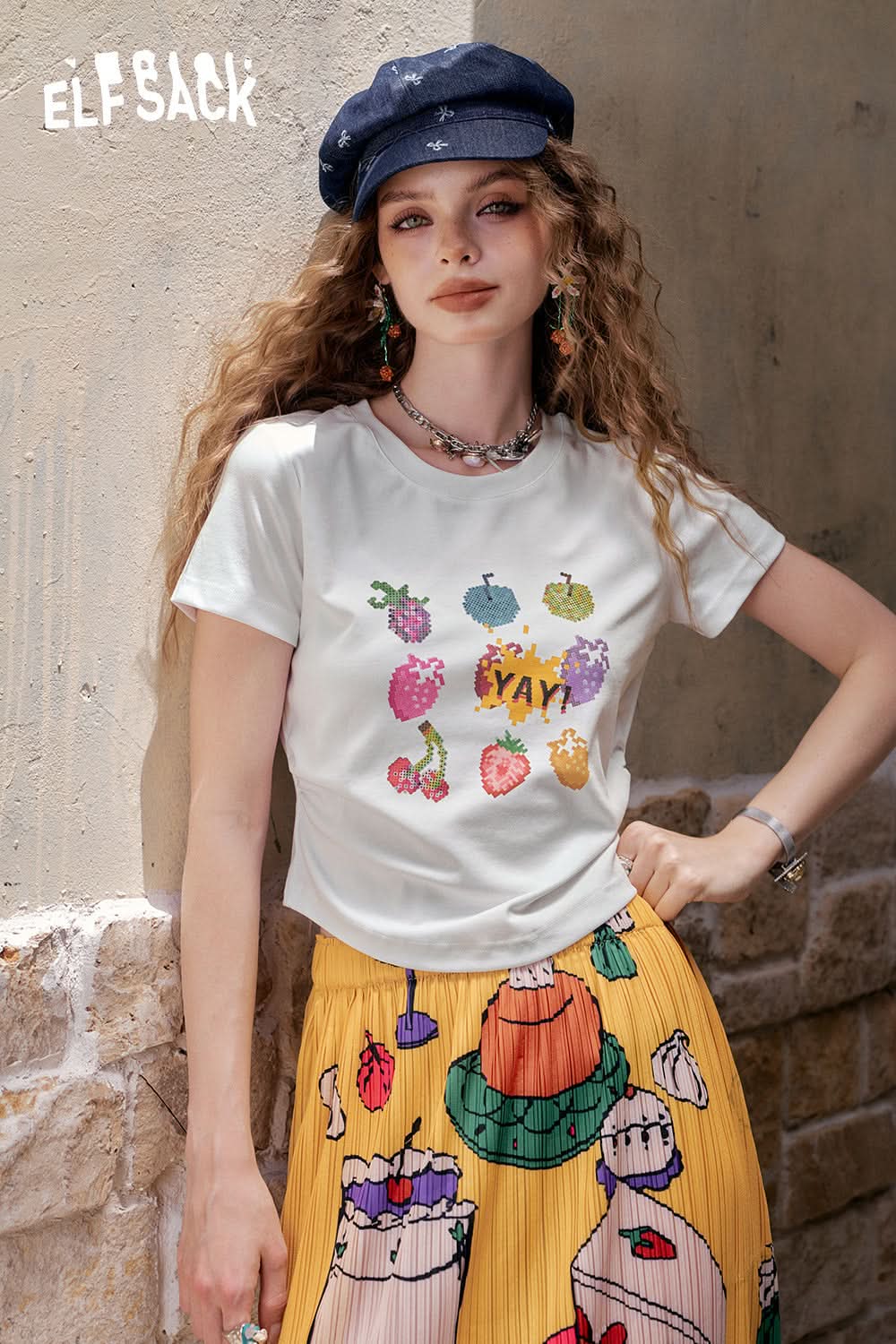 ELFSACK White Fruit Print Pleated Short Sleeve Chic T-Shirt