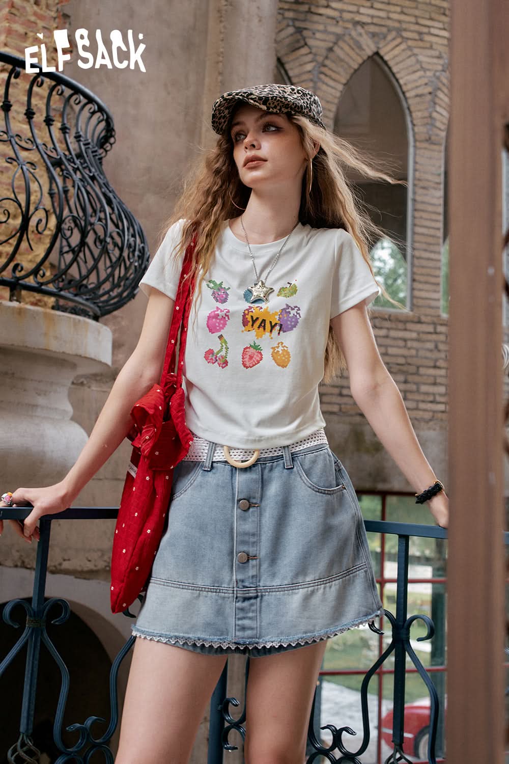 ELFSACK White Fruit Print Pleated Short Sleeve Chic T-Shirt