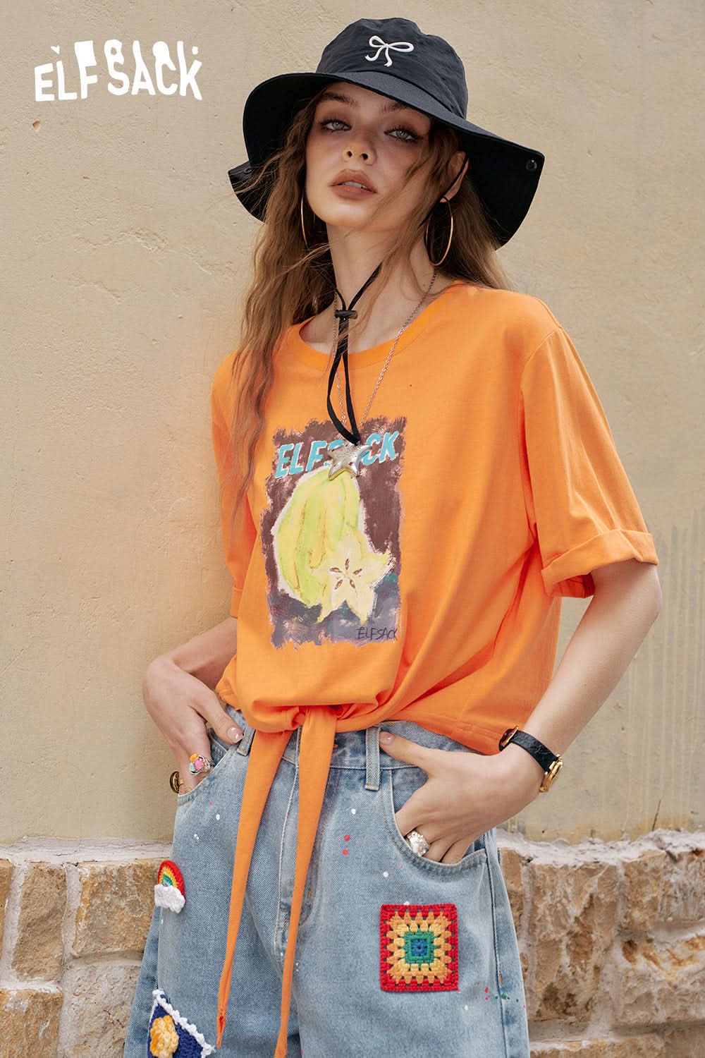 ELFSACK White Fruit Printed Lace Up Casual Short Sleeve T-Shirt