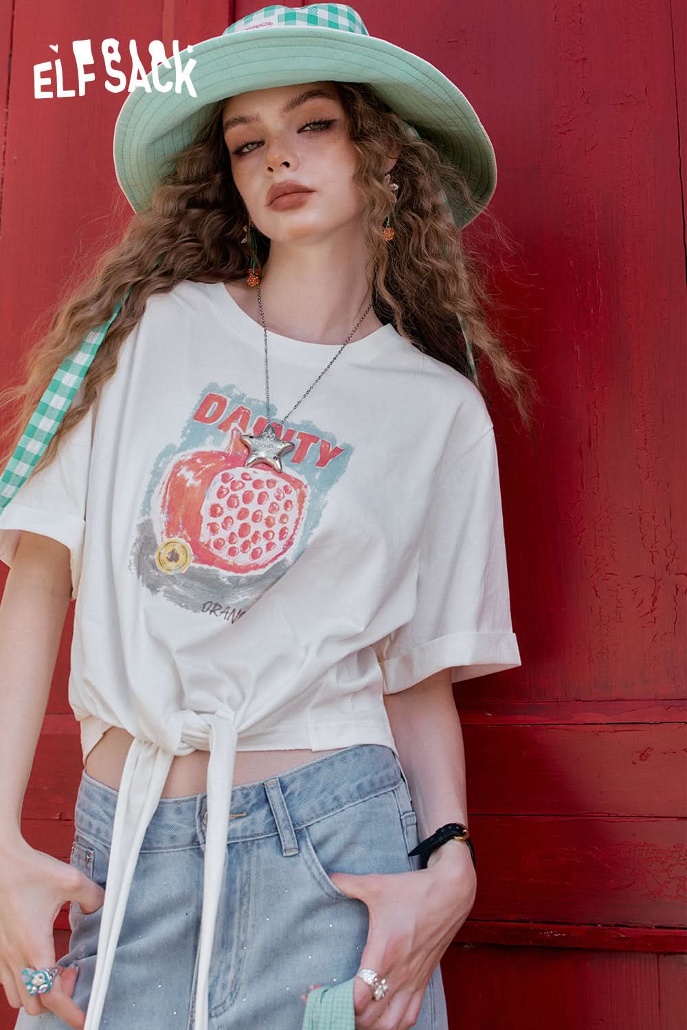 ELFSACK White Fruit Printed Lace Up Casual Short Sleeve T-Shirt
