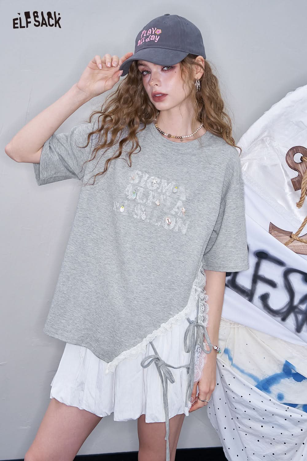 ELFSACK White Lace Patchwork Casual Short Sleeve T-Shirt