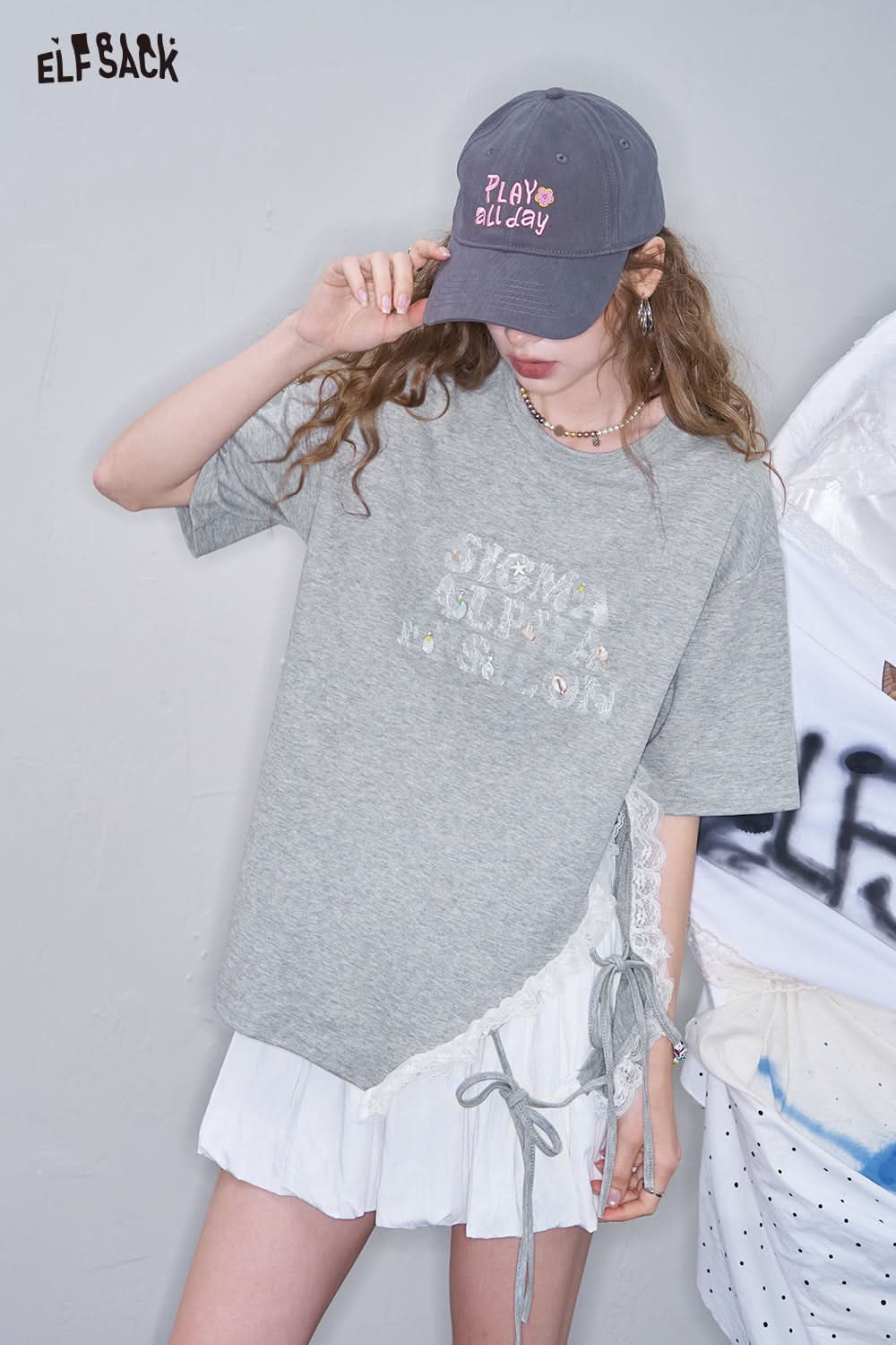 ELFSACK White Lace Patchwork Casual Short Sleeve T-Shirt