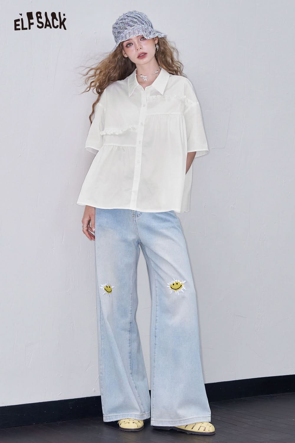 ELFSACK White Pleated Casual Short Sleeve Shirt