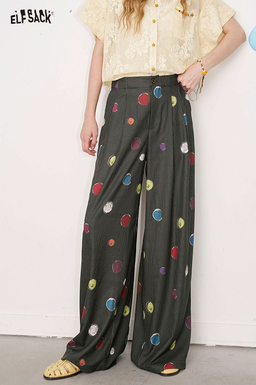 ELFSACK White Polka Dot Casual Wide Leg Pants