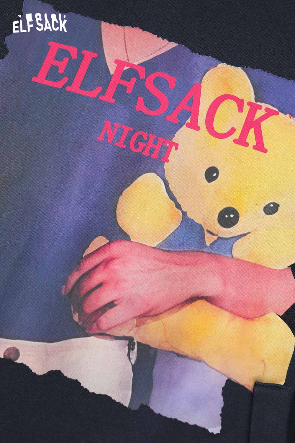 ELFSACK women's animal graphic hoodie featuring a vibrant teddy bear design on a dark background