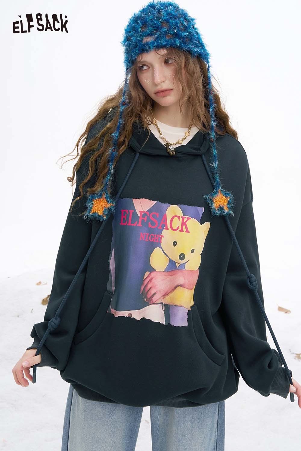 ELFSACK women's animal graphic hoodie featuring a cozy design with a colorful bear print