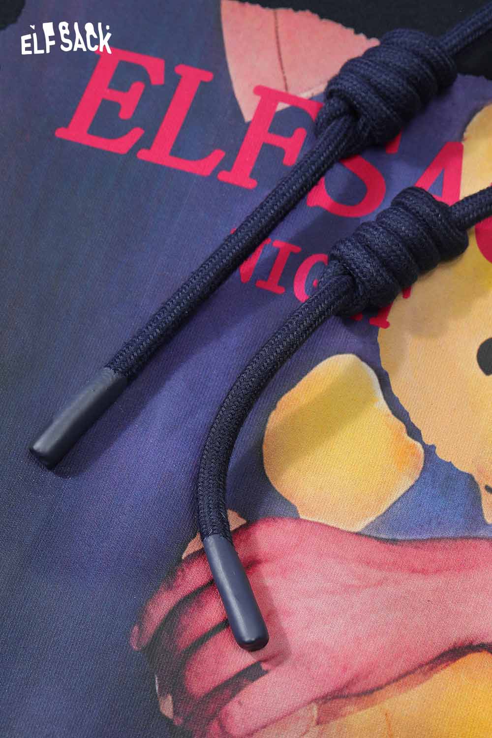 Close-up of ELFSACK women's animal graphic hoodie showing the drawstrings and vibrant graphic design