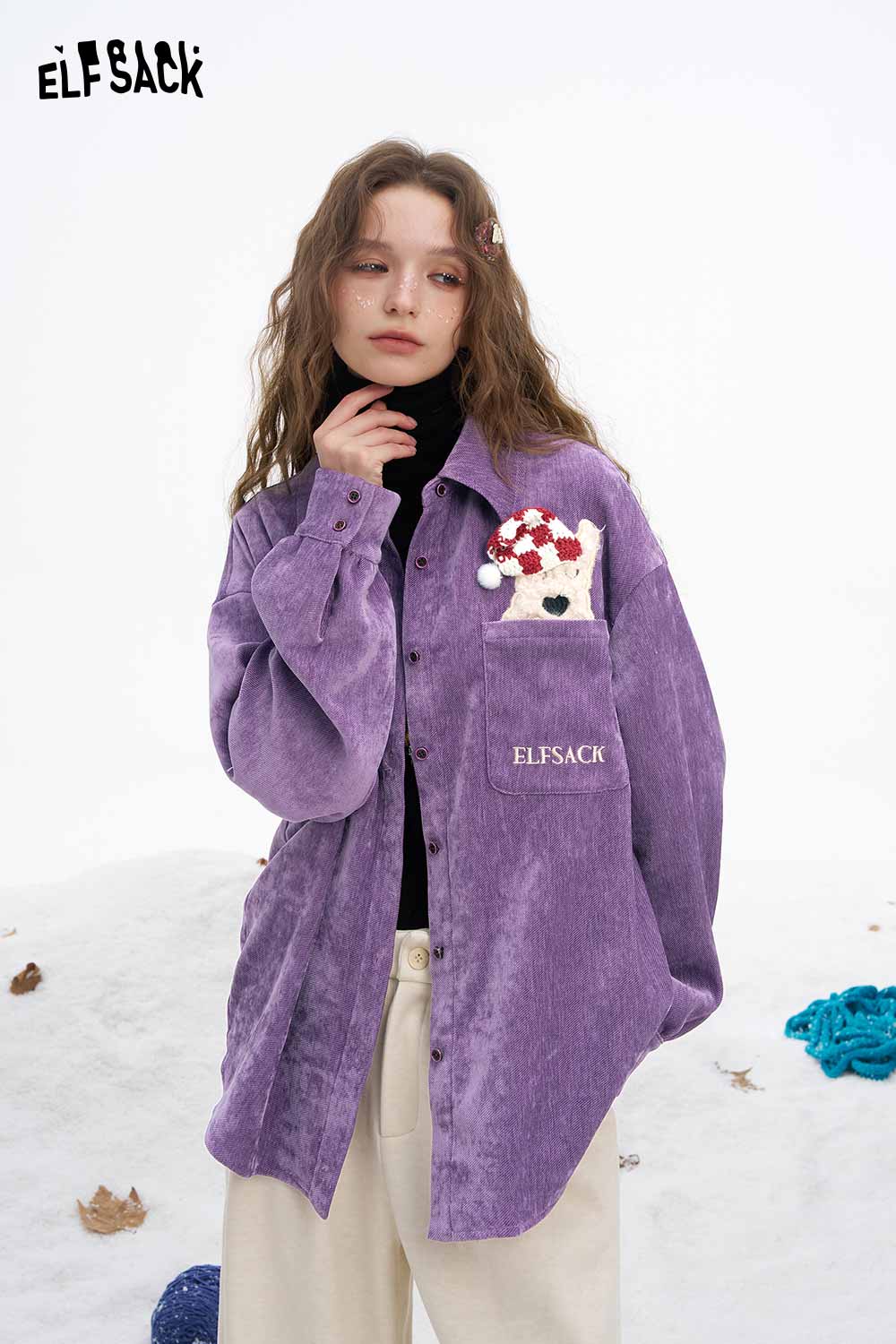 ELFSACK women's animal graphic shirt in purple with a cute animal design on the pocket